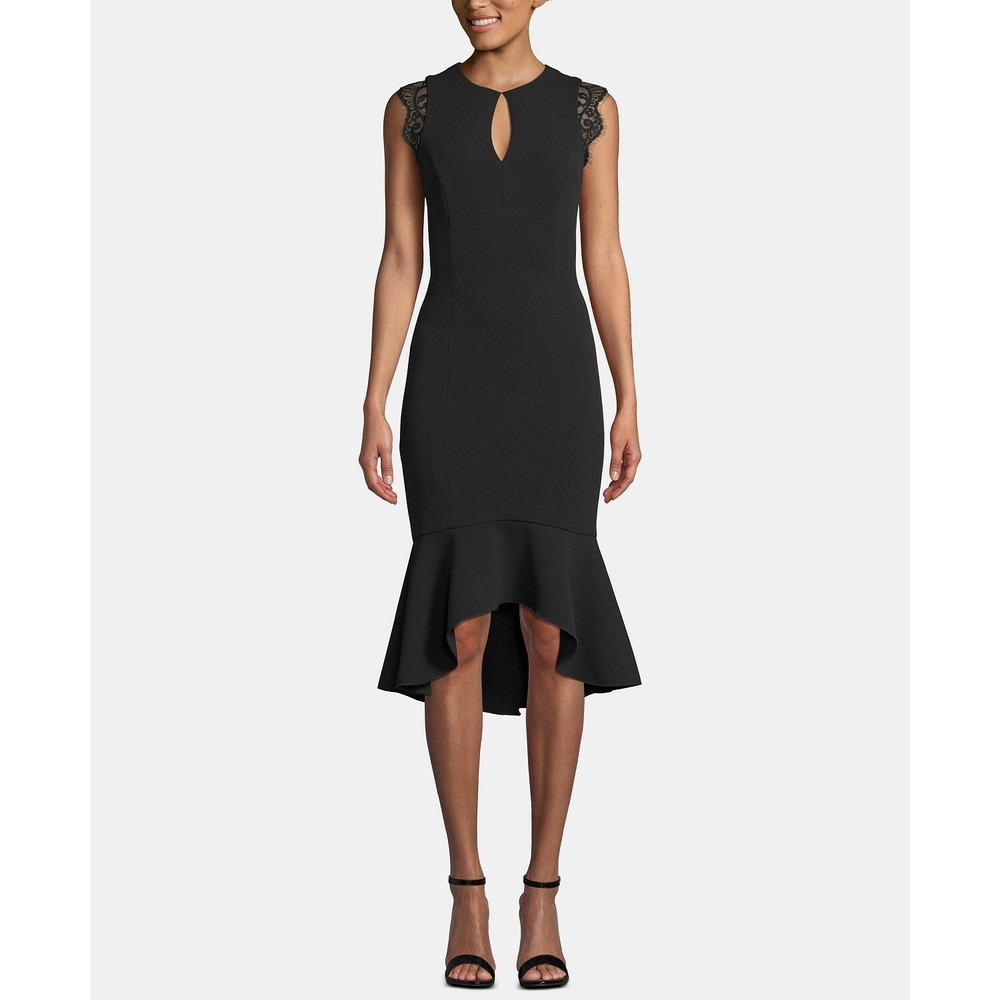 XSCAPE Black Lace Cap Sleeve High-Low Mermaid Midi‎ Dress Size 4